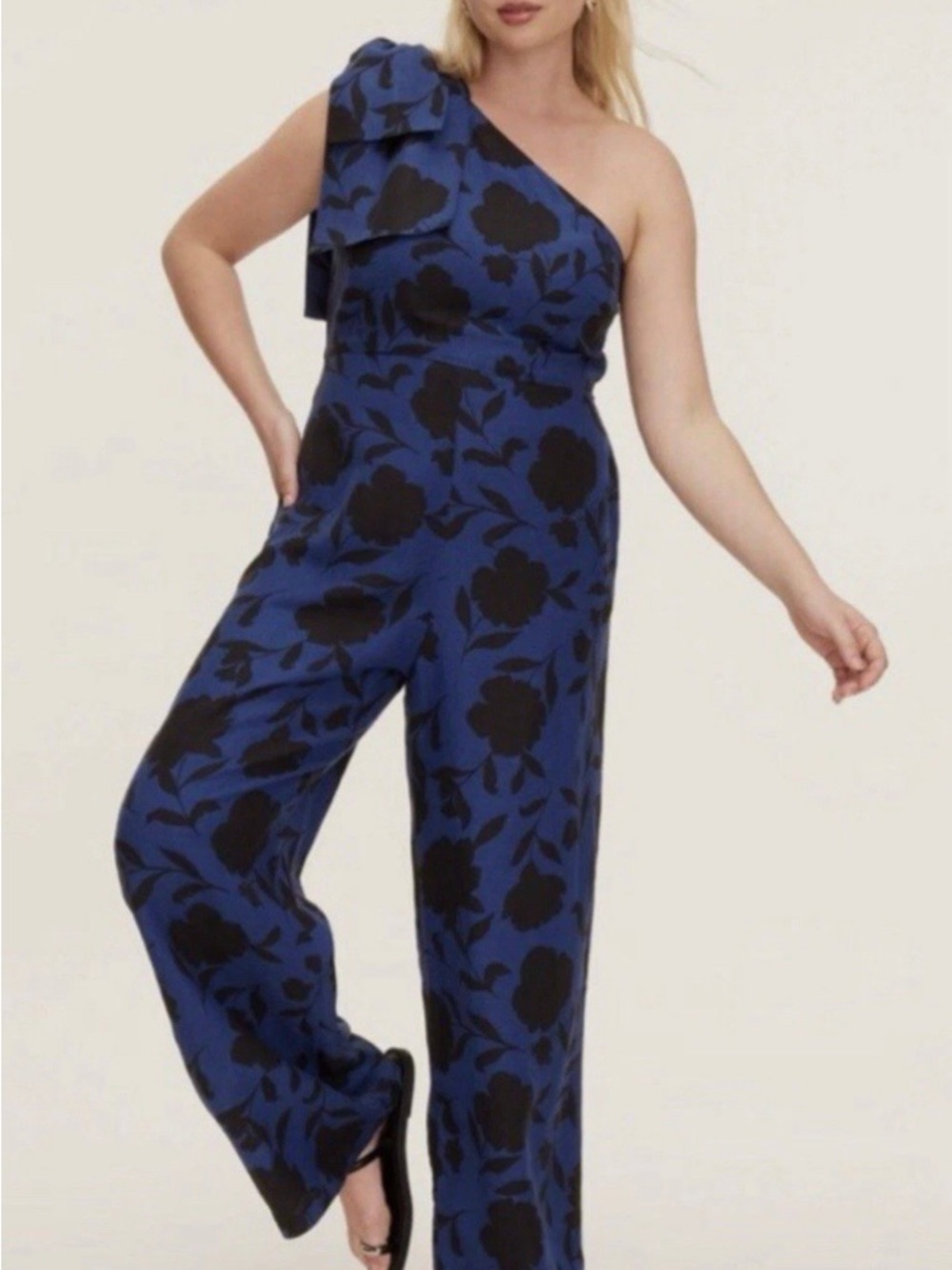 kate spade One-Shoulder Blue and Black Floral Jumpsuit